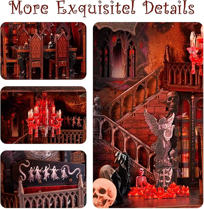Haunted Manor DIY Miniature House Kit with LED Lights - Gothic Book Nook Decor, 3D Wooden Puzzle for Adults, Halloween Home Decoration (AAA Batteries Not Included)