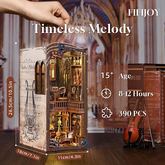 fifijoy Book Nook Kit Music, DIY Miniature House Kit Book Nook, 3D Wooden Puzzle Bookshelf Insert Diorama Kit with Led Light for Teens and Adults (Timeless Melody)