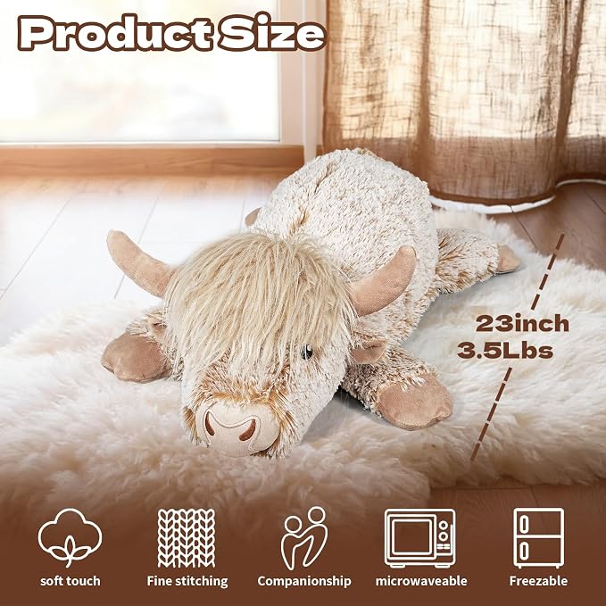 3.5Lbs Weighted Stuffed Animals Microwave Highland Cow Plush with Removable Heating Pad，23" Unscented Heatable & Coolable Highland Cow Cute Warm Gifts for Kids and Adults