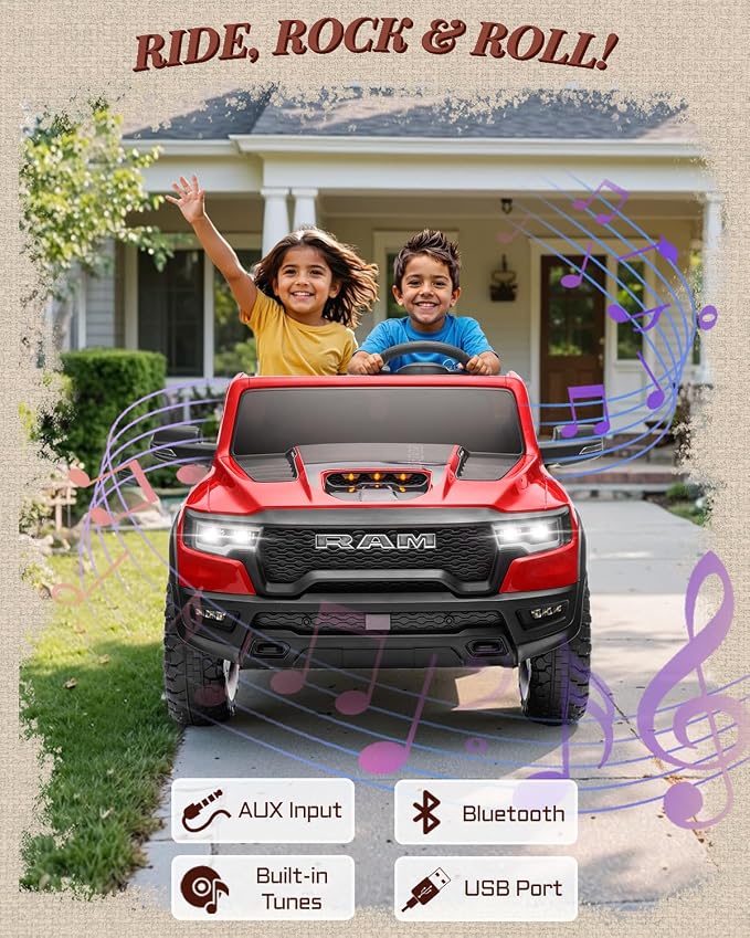First Ride On 24V Ride On Toys for Big Kids, RAM 1500 2 Seater Ride on Car w/Remote, Battery Powered Truck w/ 4 Wheels Suspension, Toddler Car w/Bluetooth, LED Lights, Trunk