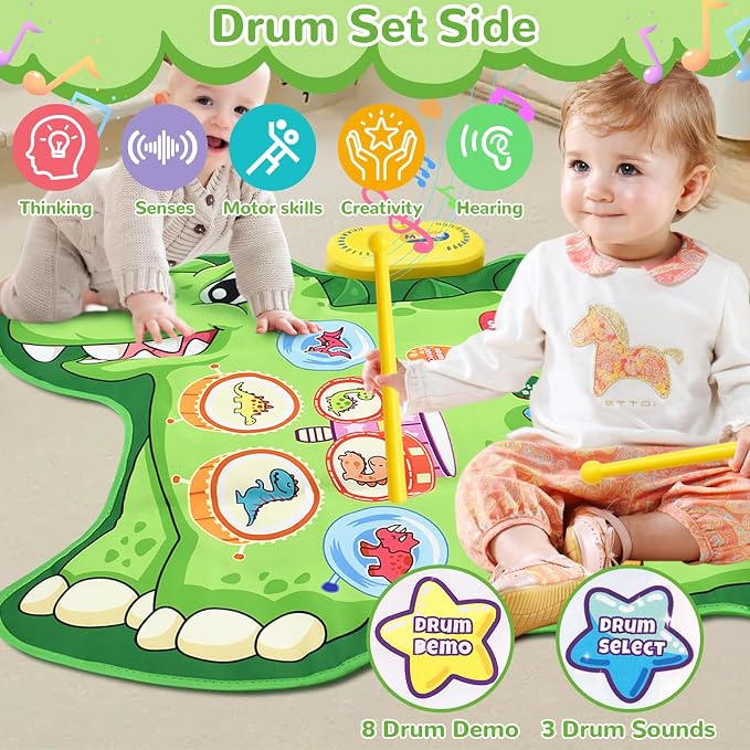 Cyiecw 3-in-1 Dinosaur Musical Mat, Piano Drum Play Mat Gifts for 1 2 3 Year Old Girls, Sensory Early Educational Musical Learning Toys for Baby Boys, Birthday Gift for Toddlers 1-5 Years Old