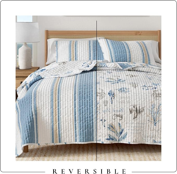 Great Bay Home Coastal Quilt Set - 2-Piece Twin/Twin XL Size Nautical Bedding Set - Lightweight, All-Season, Reversible Bedspread (Flag Stripe/Ocean Stories)