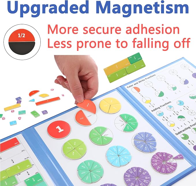 Magnetic Fraction Playbook & Fraction Manipulatives Set, Montessori Magnetic Fraction Book for Kids Grades K-3, Math Manipulatives with Fraction Tiles and Circles, Educational Fraction Games & Puzzle