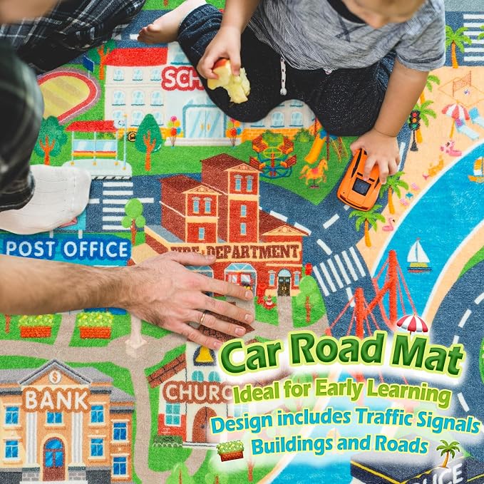Car Rug Play Mat for Kids Toy Cars, 2 Packs 3'x4'/ 36"x48" Road Traffic Playmat for Kid Bedroom, Non-Slip Machine Washable Town City Race Track Carpet for Learn and Have Fun