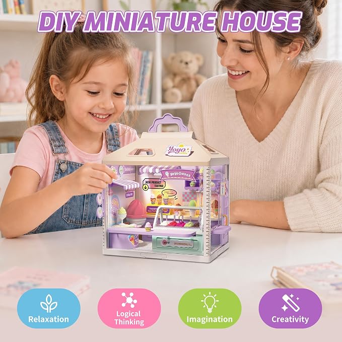 MINDNOOK DIY Miniature House Kit, LED Light-Up Dollhouse, Mini Dollhouse Building Set with Furniture, Craft Hobby Gift for Adults, Teens & Kids Ages 6+ (Ice Cream Shop)