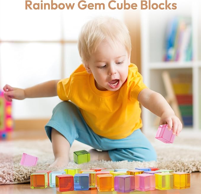 Woodtoe Wooden Building Blocks Set for Kids, 36 PCS Rainbow Acrylic Gem Blocks - 3 Wood House, Montessori Stacking Toy for Toddlers, Educational STEM Birthday Creative Toy Gift for Boys Girls 3-6