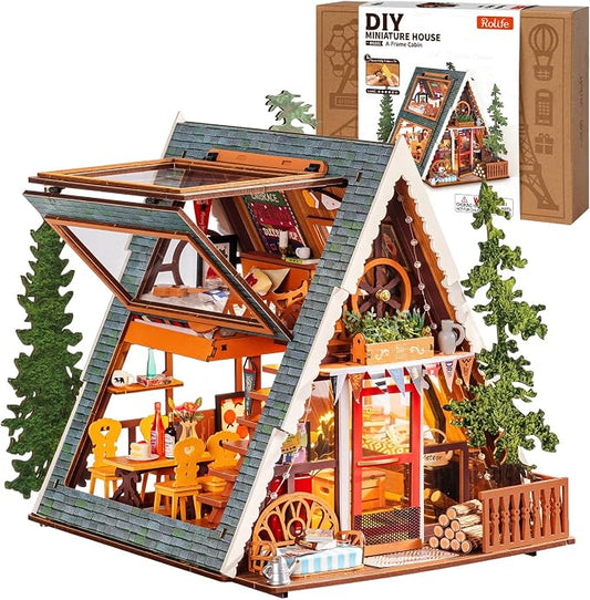 Rolife DIY Miniature House Kits A-Frame Cabin, Tiny House Mini House Building Kit for Teens, DIY Crafts for Adults, Birthday/Halloween for Parents Friends (A-Frame Cabin)