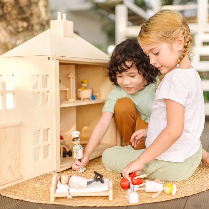 PlanToys® Wooden Georgian Dollhouse | 2-Storey House with Opening Door & Front Panels, Chimney & Staircases | Montessori Pretend Play House Compatible with 1:12 Scale Furniture & Wooden Dolls