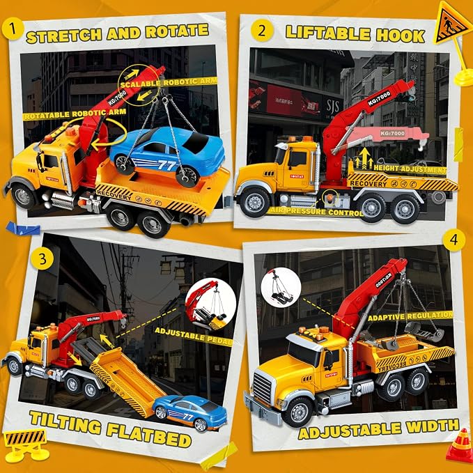 SMILESSKIDDO Toddler Boy Toys for 3 4 5 6 Year Old - 1:12 Large Friction Powered Tow Truck with Light & Sound, Sports Car & Road Signs, Birthday Gifts for Kids, Toddlers Gifts