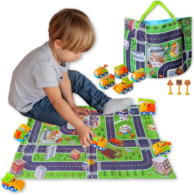 Construction Toy Trucks and Play Mat – Build & Play Vehicles with Foldable Mat & Storage Bag | Portable Travel Toy for Toddlers Kids Ages 2-5 | Easy Storage & Transport for Fun On-the-Go