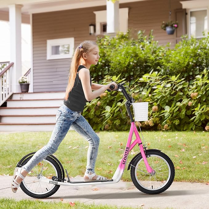 Aosom Youth Scooter, Kick Scooter with Adjustable Handlebars, Double Brakes, 16" Inflatable Rubber Tires, Basket, Cupholder