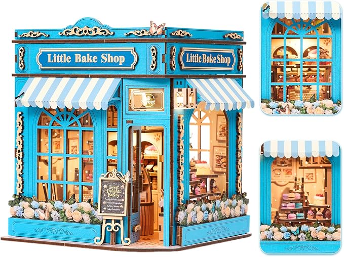 DIY Miniature Dollhouse Kit - 3D Wooden Puzzle for Adults, Illuminated Bakery Model Craft Kit with LED Light, Creative Diorama Room Decor & Hobby Gift,Little Bake Shop