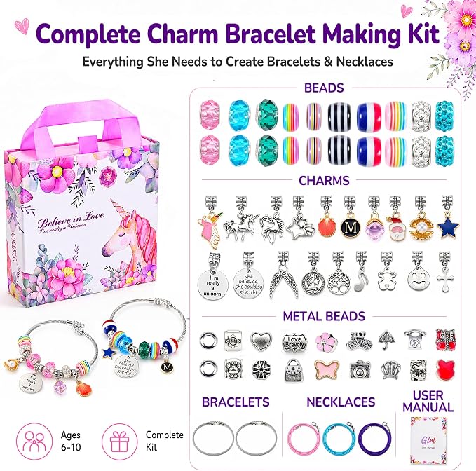 COO&KOO Charm Bracelet Making Kit, A Unicorn Girls Toy that Inspires Creativity and Imagination, Crafts for Girls Ages 8-12 with Jewelry Making Kit Perfect Gifts for 6 7 8 9 10 Girl Self-Expression!