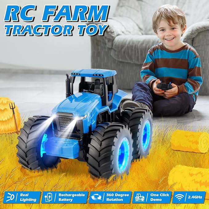 IJIGU Remote Control Tractor Toys, Light Up Farm Monster Trucks Toy for Boys 3, 4, 5, 6, 7 Year Old, 2.4 Ghz RC Tractor Toys, Ideal Christmas, Birthday Gifts for Kids