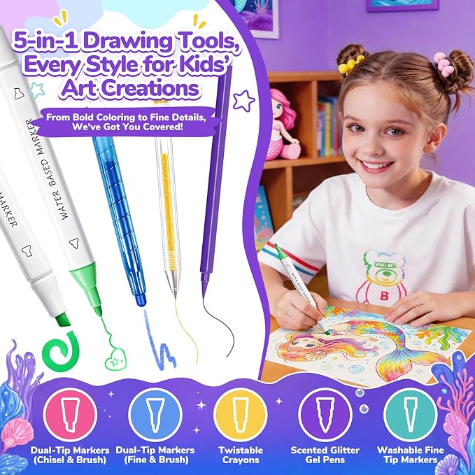 Mermaid Arts and Crafts for Girls Ages 4–5–6–7–8, 70 PCS Art Supplies Set for Kids with Washable Markers, Bonus Mermaid Hairpin, 3D Glitter Case, Scented Gel Pens & Twist-Up Crayons, Birthday Gift