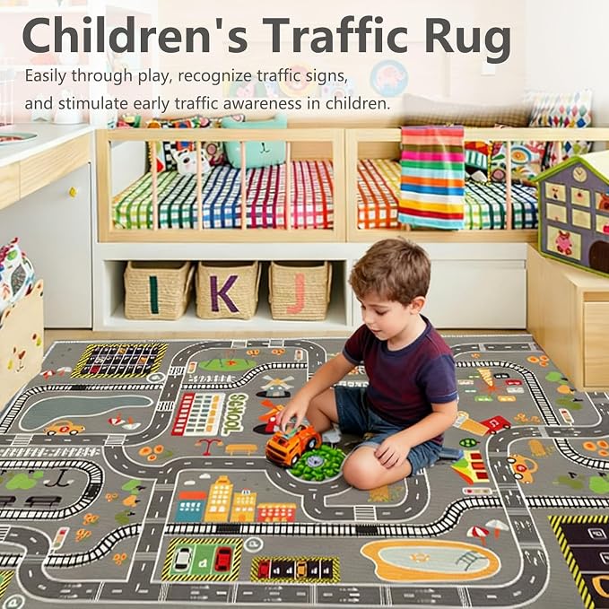 Kids Rug Play Mat Great for Playing with Cars and Toys,Educational Kid Road and Traffic City Life Carpet,Children Baby Fun Throw Rug for Bedroom Play Room,55X79Inch/140X200CM