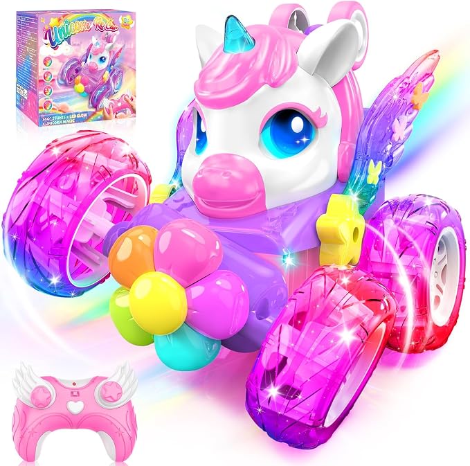 Unicorn RC Cars for Girl Toys with Glowling Crystal Wings & Eyes Lights, 360° Rotation Remote Control Car Pink Unicorn Stunt Car Kids Toys Birthday Gifts for 3 4 5 6 7 8 9 10 Year Old Girls