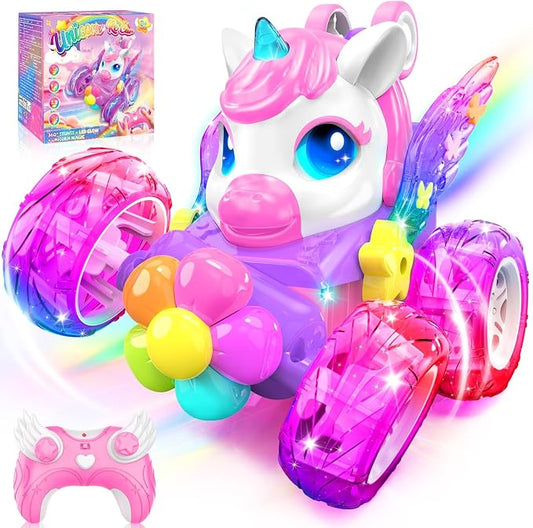 Unicorn RC Cars for Girl Toys with Glowling Crystal Wings & Eyes Lights, 360° Rotation Remote Control Car Pink Unicorn Stunt Car Kids Toys Birthday Gifts for 3 4 5 6 7 8 9 10 Year Old Girls