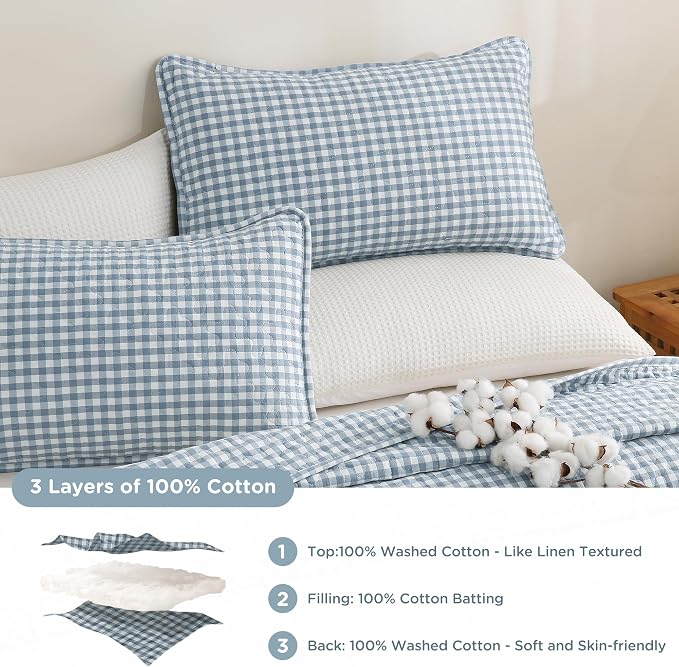 TOCOMOA Blue Gingham Quilt Bedding Set 100% Washed Cotton Bedspread Coverlet Like Linen Feel Soft Comfy Breathable 3 Piece Plaid Checkered Lightweight Comforter Set for All Season, Queen 96"x90"