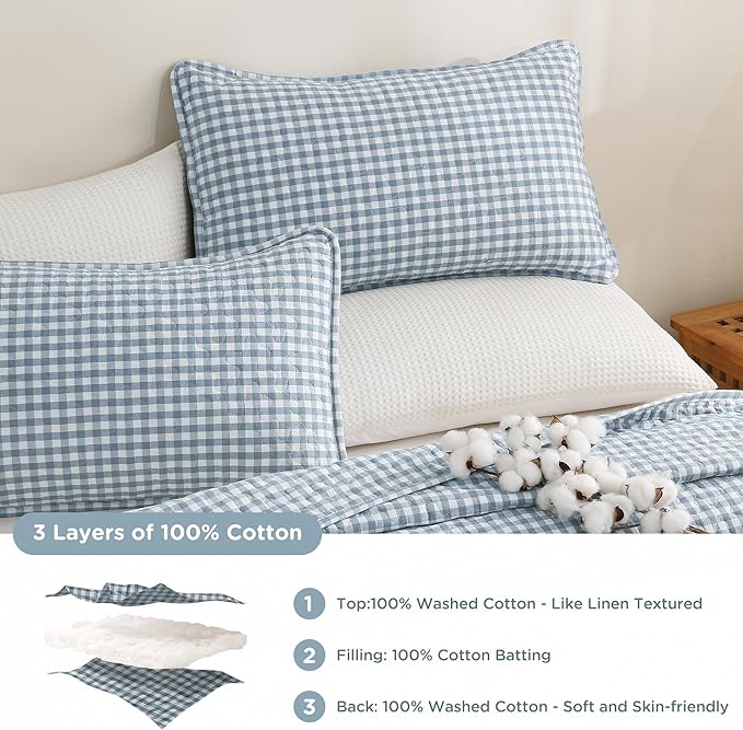 TOCOMOA Blue Gingham Quilt Bedding Set 100% Washed Cotton Bedspread Coverlet Like Linen Feel Soft Comfy Breathable 3 Piece Plaid Checkered Lightweight Comforter Set for All Season, Twin 68"x86"