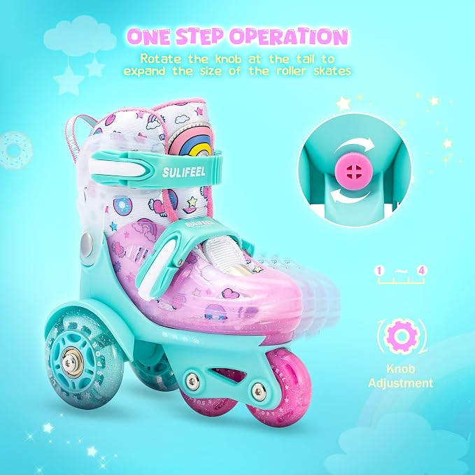 SULIFEEL Adjustable Roller Skates for Girls Boys Kids,Fun Illuminating Light Up Flash Wheels Three-Point Type Balance Suitable for Beginners Indoor Roller Skating