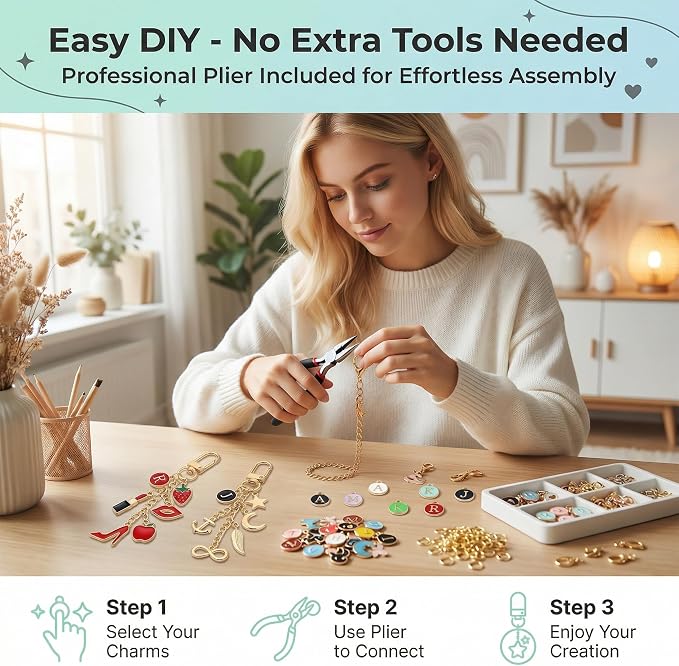 YOJO DIY Keychain Making Kit for Women & Girls, Personalized Jewelry Craft Supplies, Creative Arts and Crafts Set for Bag Charms, Phone Straps & Gifts (387Pcs)