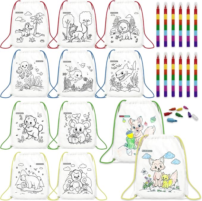 12 PCS Colorable Drawstring Backpack for kids with 12 stackable crayons (7 Colors Each), Perfect for return gifts, birthday goodie bags and art party favor bags for kids