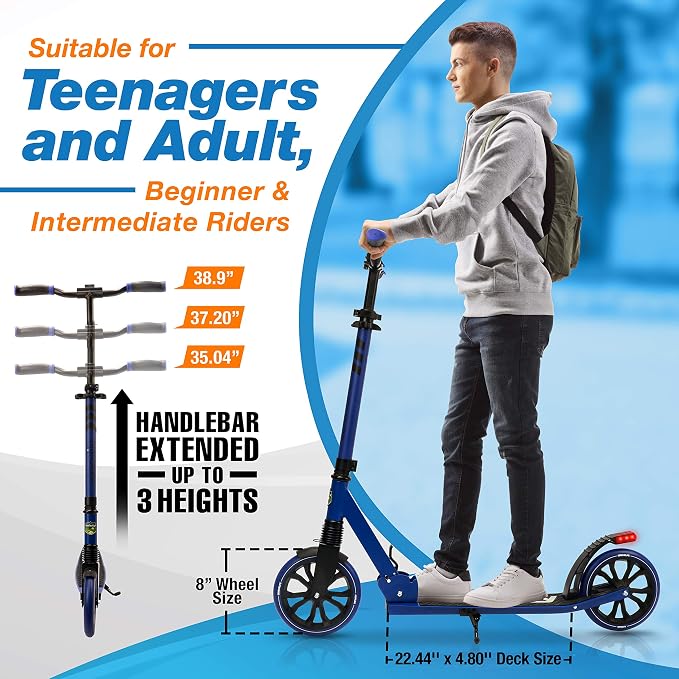 Folding Kick Scooter for Adults and Kids – Boys and Girls Freestyle Scooter with Big Wheels, 1-Kick Open Mechanism, Anti-Slip Rubber Deck and LED Light – Folding Grips Handlebar Adjusts to 3 Heights