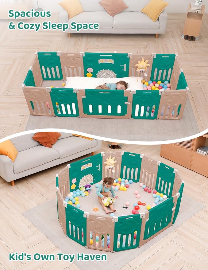 Dripex Baby Playpen, 14-Panel Foldable Playard for Toddlers 6-36 Months, Adjustable & Portable Indoor Outdoor Safety Play Area with Anti-Pinch Design, Game Panel and Safety Gate, Green Brown