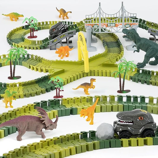 Dinosaur Race Car Track Toys for Kids, Birthday Gifts for 3 4 5 6 7 Year Old Boys Girls, 255+ PCS Dinosaur World Adventure Building Playset with Flexible Track, DIY A Dinosaur World Road Race
