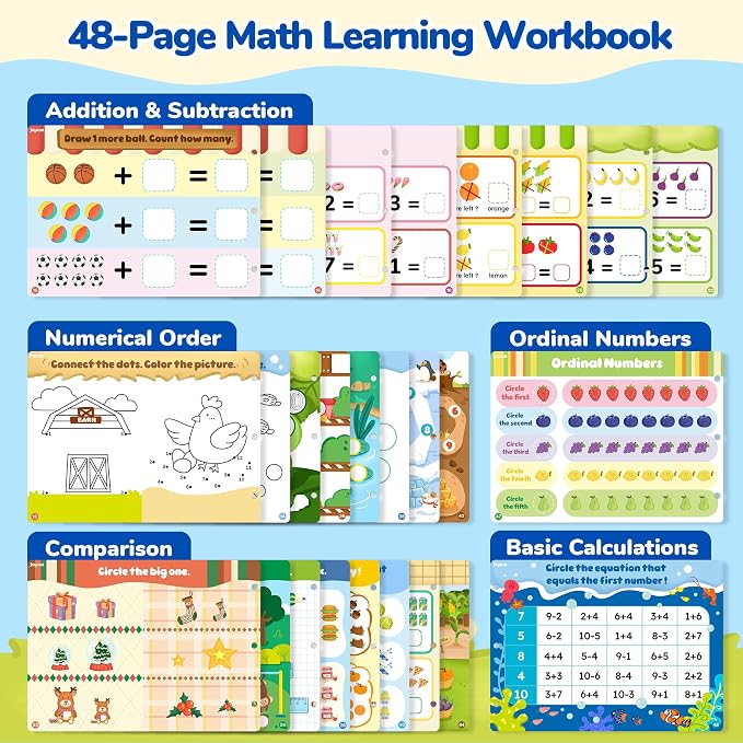 JoyCat Math Busy Book for Toddlers — Reusable Preschool Workbook with 10 Dry-Erase Markers, Number Tracing & Counting Activity Book for Kids Ages 3–8, Kindergarten Learning Activities, Travel-Ready