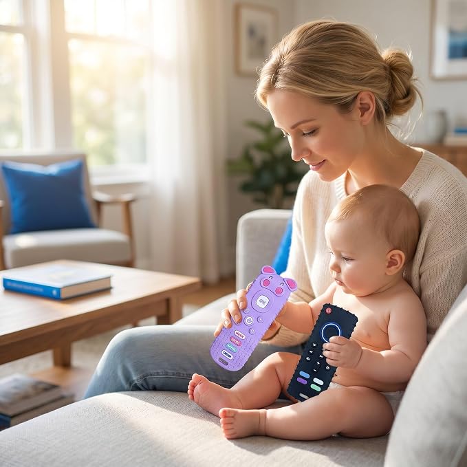 SOLIFEGOBLE 2 Pack Silicone Teething Toys, Cute Pig-Shaped Remote Control Style Teethers for Babies 6-18 18-24 Months, BPA-Free Soft Chew Toys for Teething Relief (Black+Purple)