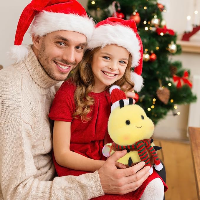 Christmas Bee Plush Toy - Chubby Cute Santa Bee with Knitted Hat & Scarf, Festive Stuffed Animal for Kids & Adults, Perfect Decor (8 inch)