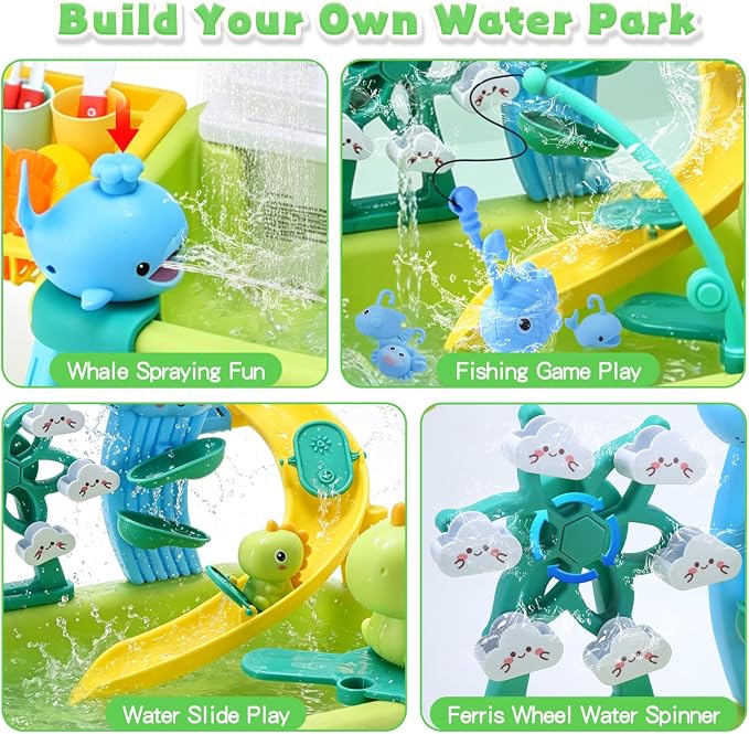 CUTE STONE Toddler Water Table for Kids, Kitchen Sink Toy with Running Water & Fishing Game,Water Play Table for Backyard Beach Pool, Summer Gifts for Boys Girls-Dinosaur