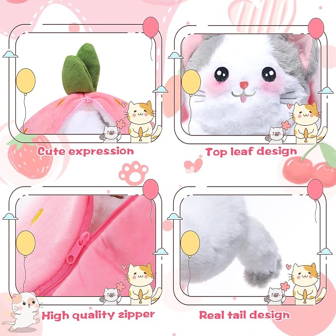 MIAODAM Easter Cat Toys, Stuffed Cat Plush, Kawaii Squishy Cute Strawberry Turn Into Cat Plush, Funny Plushies Toy for Kid & Adult (Strawberry Cat, 11.8inch)