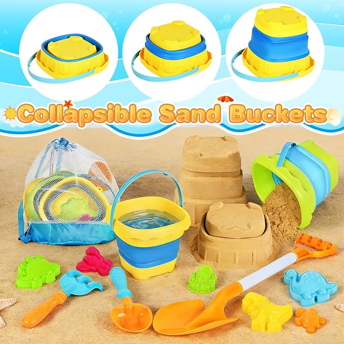SpringFlower Beach Sand Toys for Kids, Sand Toys with 2 Collapsible Beach Bucket with Sifter Shovels Set with Mesh Bag and 6 Sand Molds, Foldable Beach Travel Beach Sandbox Toys, 11 PCS