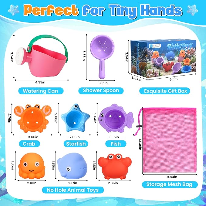9 PCS Baby Bath Toys for Kids Ages 1-3, Mold Free Toddler Bath Toys for 2-4 with 3 No Hole Squeezing Marine Animals Toys, Bathtub Beach Sand Water Table Toys for 1 2 3 Years Old Girls Boys Gifts