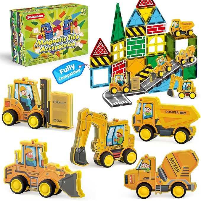 3D Construction Vehicle Toys for Kids Magnetic Tiles & Blocks, 5pcs Preschool STEM Educational Learning Toys Inc Excavator Bulldozer Forklift Dump Truck Digger Compat Magnet Tiles
