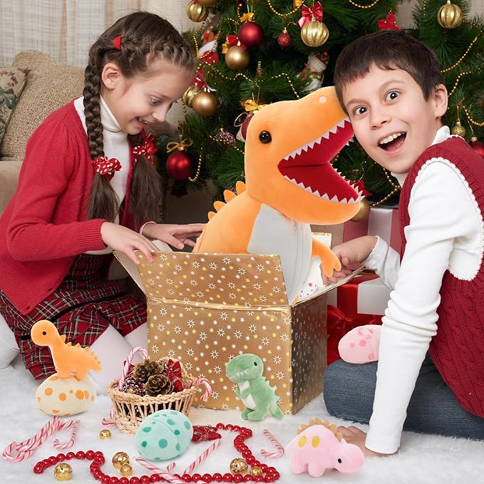 MorisMos Dinosaur Stuffed Animal with Babies,23.6'' Big Mommy Stuffed Dino T Rex with 3 Baby Dino Stuffed Toys & 3 Eggs Plush Inside Belly, Boy Girl Dinosaur Toys for Kid 3-5,Orange T Rex Toys Gift