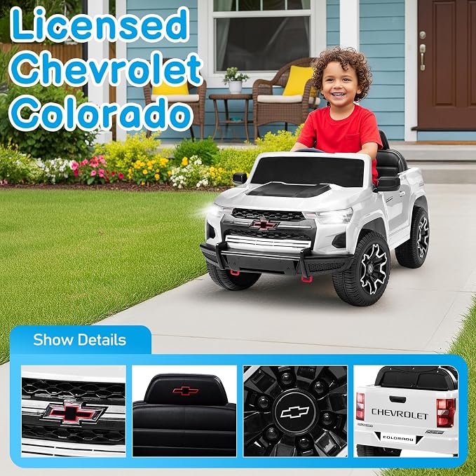 Winado Licensed Chevrolet Colorado Electric Car for Kids, 12V Ride on Toys for Toddlers with Remote Control, Battery Powered Electric Car Ride On Vehicle w/Bluetooth, Soft Start, LED Lights - White