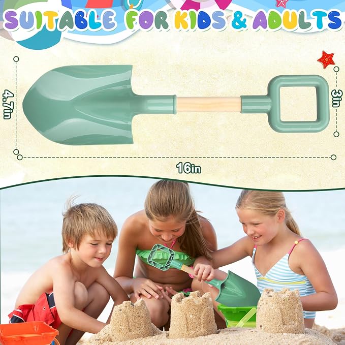 Wood Handle Beach Shovel Snow Toy for Kids Digging, Sand Spade Sandbox Toy for Kids 4-12, Safe Plastic Garden Backyard Planting Tools Sturdy Scoop for Boy Girl, Travel Beach Toy Birthday Gift