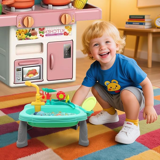Mini Water Table for Toddlers, 360° Electric Faucet Play Sink with Fishing Game Running Water Play Sink with Fishing Play, Sensory Activity for 3+ year Olds, Perfect for Outdoor & Indoor Use