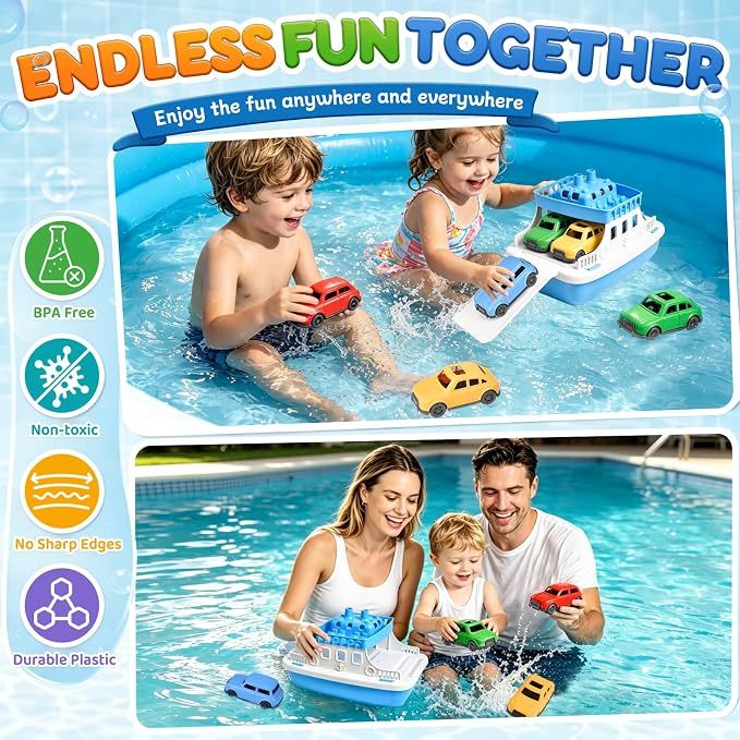 Toy Boat Bath Toys for Toddlers with 4 Mini Car Toys, Kids Water Toys Ferry Boat for Bathtub Bathroom Pool Beach Toys, Birthday Gifts
