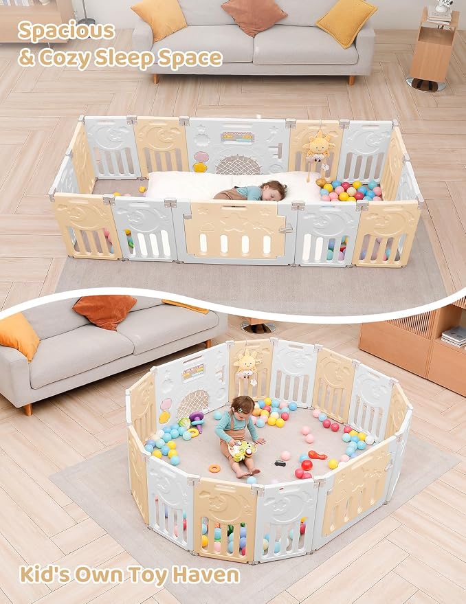 Dripex Baby Playpen, 14-Panel Foldable Playard for Toddlers 6-36 Months, Adjustable & Portable Indoor Outdoor Safety Play Area with Anti-Pinch Design, Game Panel and Safety Gate, Yellow White