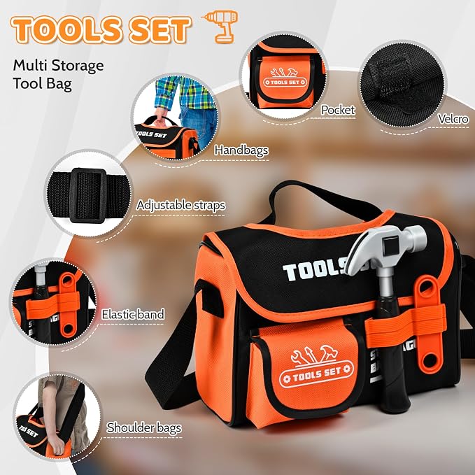 Premium Kids Tool Set, Portable Carrying Bag with Battery Powered Toy Drill, Easy-Grip Pretend Play Toddler Tool Kit, Construction Toys for Boys & Girls Age 3-8, STEM Gifts