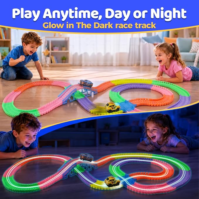 Race Tracks for Kids Ages 3 4 5 6 7 8, Flexible Race Track for Kids | Flexible Kids Race Track Set, GLow in The Dark, 300 PCS, Birthday Gifts for Boys Girls
