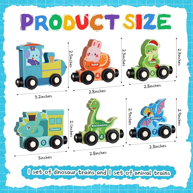 2 Set/24 Pcs Magnetic Dinosaur Animal Train Set Montessori Toys for Toddlers Wooden Dinosaur Animal Preschool Learning Activities Educational Sensory Easter Basket Stuffers Birthday Gifts