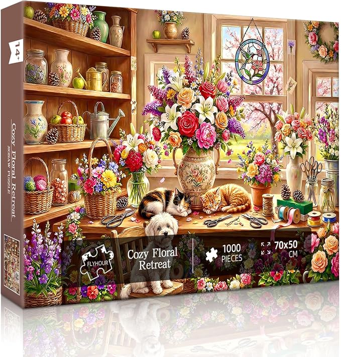 Cozy Floral Retreat Puzzles for Adults 1000 Pieces,Challenging Jigsaw Puzzles for Adults,Difficult Impossible Puzzle for Family Game Night,Puzzle with Letters on Back,Recycled Paper Jigsaw Puzzle