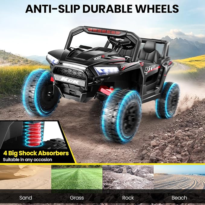 Hikole 24Volt Ride on Toys for Big Kids 2 Seater, 4WD UTV Kids, Ride On Cars for Boys&Girls with Parent Remote, Shock Absorption, Wide Seat for 2 Persons, Dashboard/Music/Horn/Bluetooth/LED, Black