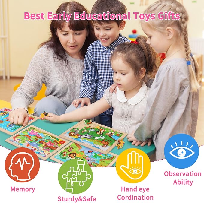 4-Pack Wooden Puzzles for Kids Ages 4-6, 24 Piece Animal Dinosaur Marine Farm Jigsaw Puzzles, Preschool Toddlers Learning Activity Puzzles Toys for Boys Girls 3 4 5 6 Years Old